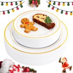 FLOWERCAT 60PCS Gold Plastic Plates - Heavy Duty White and Gold Plastic Plates Disposable for New Year/Christmas Party/Wedding - Include 30PCS 10.25 Dinner Plates and 30PCS 7.5 Dessert Plates