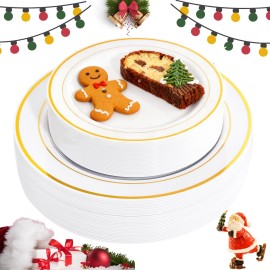 FLOWERCAT 60PCS Gold Plastic Plates - Heavy Duty White and Gold Plastic Plates Disposable for New Year/Christmas Party/Wedding - Include 30PCS 10.25 Dinner Plates and 30PCS 7.5 Dessert Plates