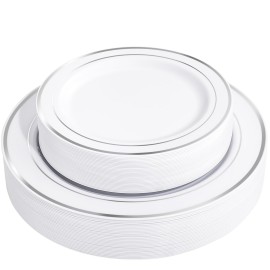 FLOWERCAT 60PCS Silver Plastic Plates - Heavy Duty White and Silver Plastic Plates Disposable - Include 30PCS 10.25inch Dinner Plates and 30PCS 7.5inch Dessert Plates for Wedding&New Year&Christmas