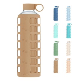 purifyou 40oz / 32oz / 22oz / 12oz Borosilicate Glass Water Bottle with Time & Volume Markers, Silicone Sleeve, Stainless Steel Lid | Reusable Glass Bottle for Water & Juice (40oz Iced Coffee)