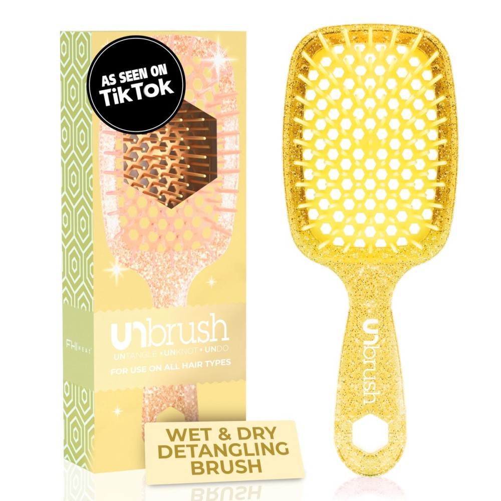 FHI Heat UNbrush Detangling Brush for Pain-Free Brushing on All Wet or Dry Hair Types - Durable DuoFlex Anti-Static Bristles, Lightweight Handle, Vented Hair Brush, Amber Yellow