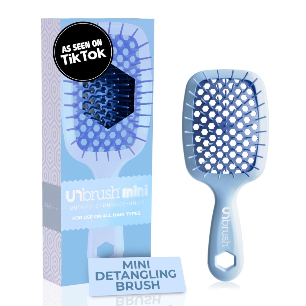 FHI Heat UNbrush Mini Detangler Brush for Pain-Free Brushing on All Wet or Dry Hair Types - Durable Duoflex Anti-Static Bristles, Lightweight Handle, Vented Mini Hair Brush, Periwinkle Light Blue