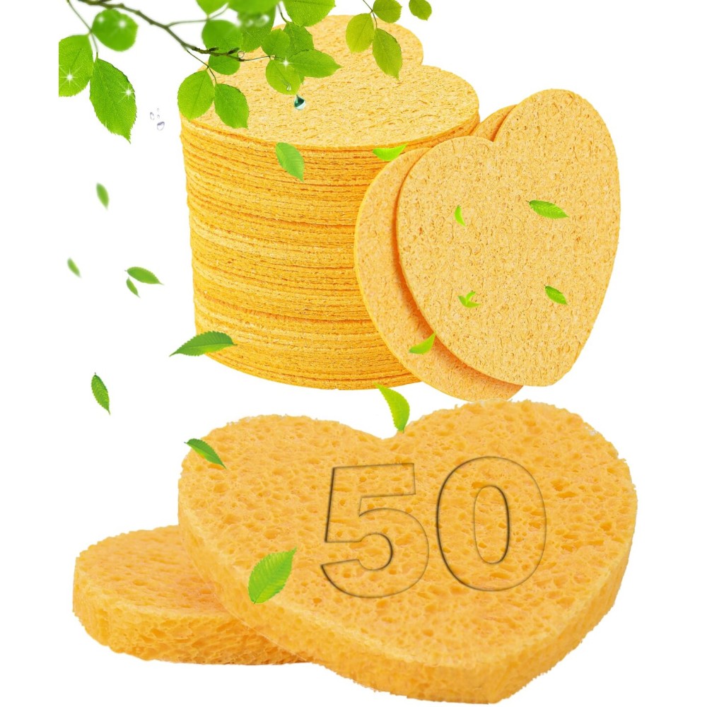 50-Count Compressed Facial Sponges for Estheticians- 100% Natural Cellulose Face Sponge Spa Sponges for Face Cleansing, Massage, Pore Exfoliating, Mask, Makeup Removal (Love-Yellow)