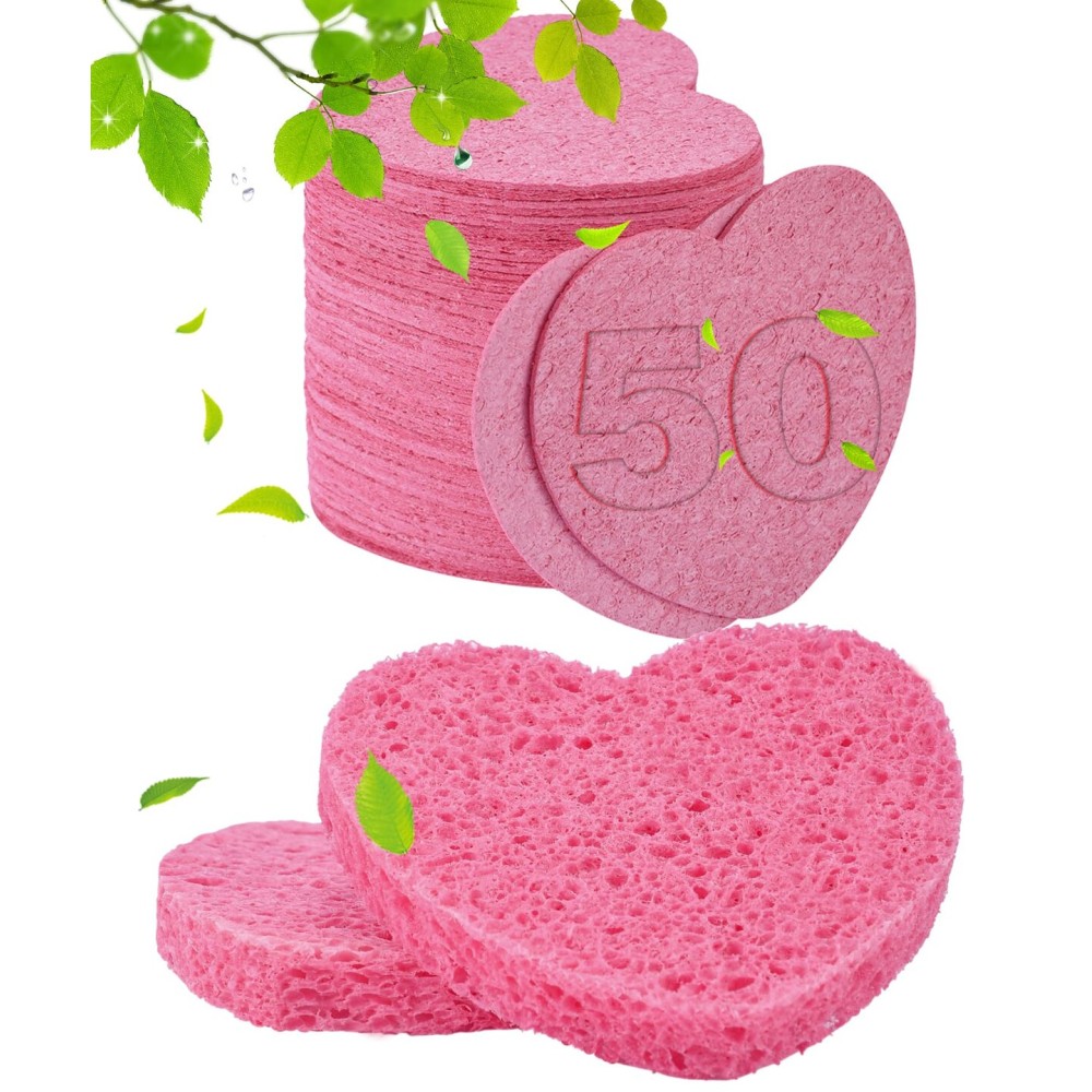50-Count Compressed Facial Sponges for Estheticians- 100% Natural Cellulose Face Sponge Spa Sponges for Face Cleansing, Massage, Pore Exfoliating, Mask, Makeup Removal (Love-Pink)