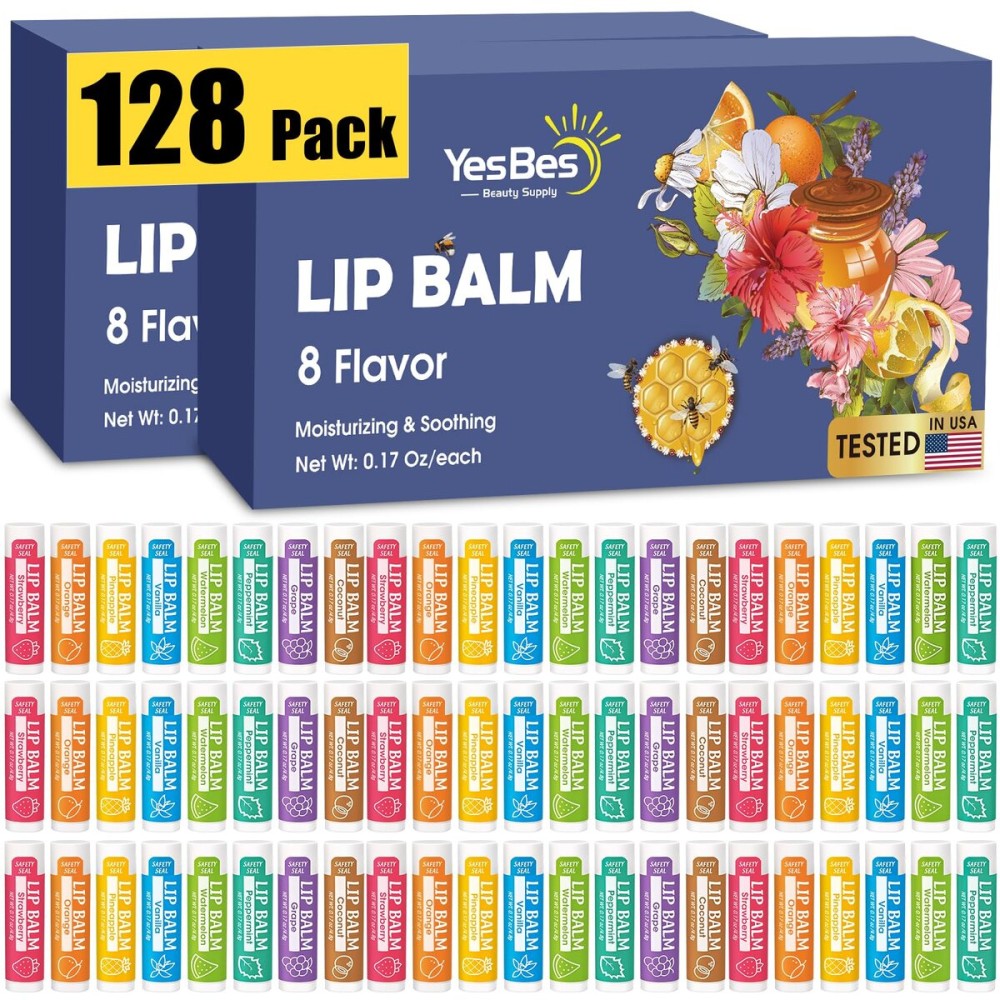 YesBes 128 Pack Lip Balm, Natural Lip Balm Bulk with Vitamin E and Coconut Oil, Moisturizing Lip Balms for Dry Cracked Lips, Lip Balms for Stocking Stuffers - 8 Flavors
