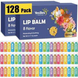 YesBes 128 Pack Lip Balm, Natural Lip Balm Bulk with Vitamin E and Coconut Oil, Moisturizing Lip Balms for Dry Cracked Lips, Lip Balms for Stocking Stuffers - 8 Flavors