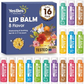 YesBes 16 Pack Lip Balm, Natural Lip Balm Bulk with Vitamin E and Coconut Oil, Moisturizing Lip Balms for Dry Cracked Lips, Lip Balms for Stocking Stuffers - 8 Flavors
