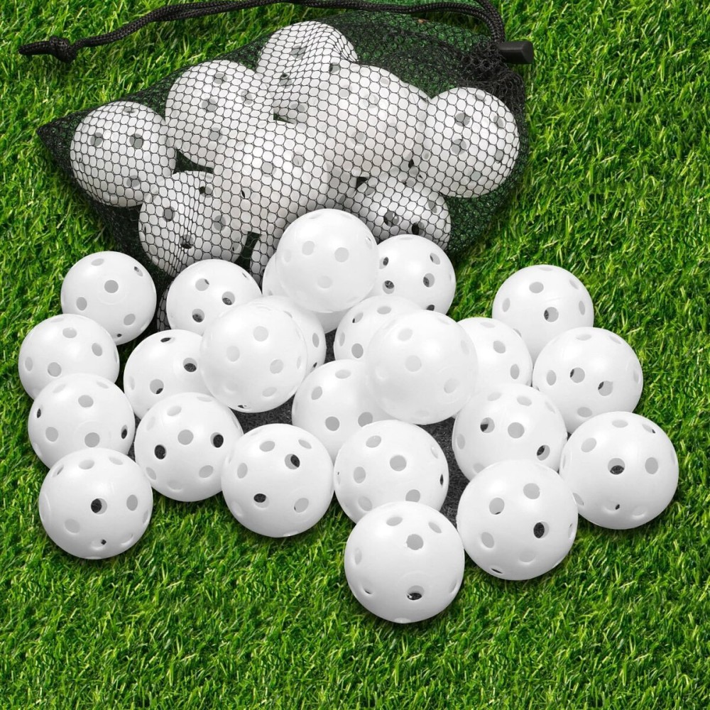 THIODOON Practice Golf Balls 24 Pack Limited Flight Golf Balls 40mm Hollow Plastic Golf Training Balls Colored Airflow Golf Balls for Swing Practice Driving Range Home Use Indoor (White,24 pcs)