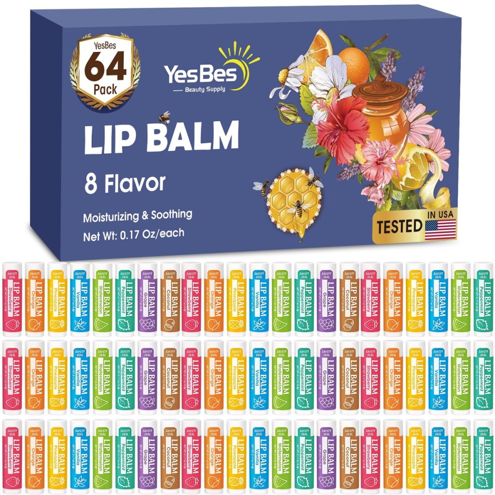 YesBes 64 Pack Lip Balm, Natural Lip Balm Bulk with Vitamin E and Coconut Oil, Moisturizing Lip Balms for Dry Cracked Lips, Lip Balms for Stocking Stuffers - 8 Flavors