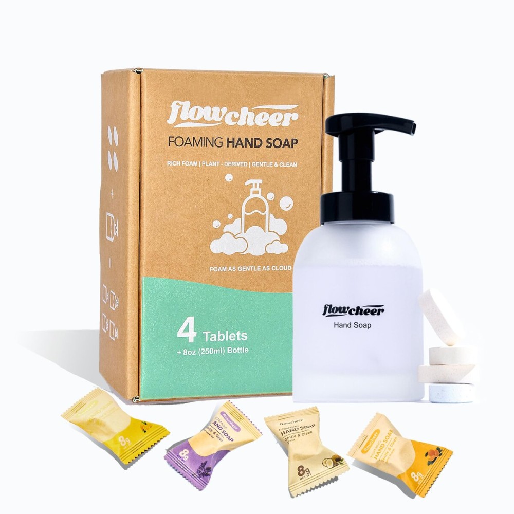 flowcheer Foaming Hand Soap Starter Kit -1 Refillable Frosted Glass Hand Soap Dispenser + 4 Refill Tablets - Variety Scents, Makes 4 x 9 Fl oz Bottles-Soap Pump for Bathroom Kitchen Countertop