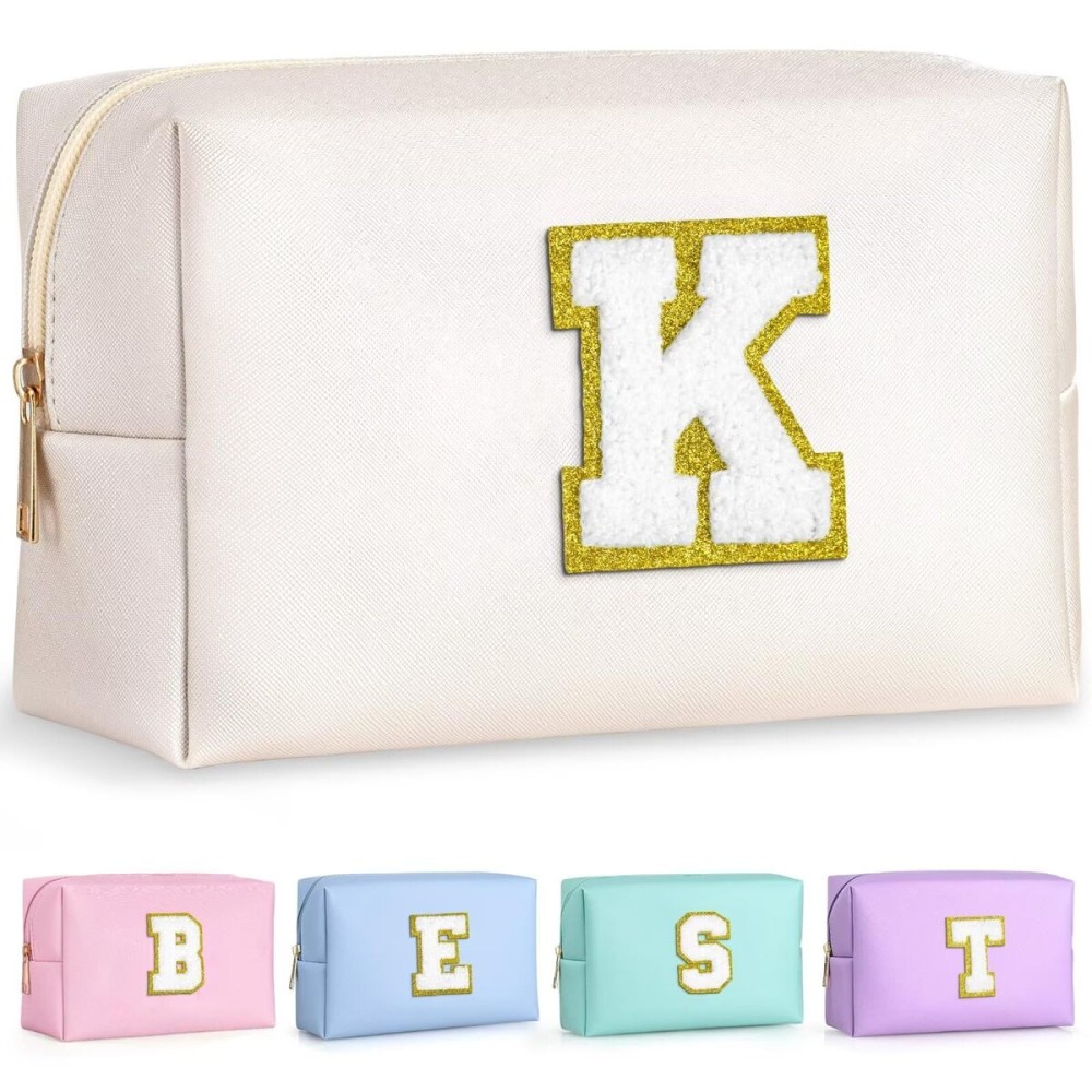 TOPEAST Initial Cosmetic Bag, PU Leather Waterproof Travel Toiletry Bag, Monogrammed Gifts for Women, Personalized Birthday Gift for Sister Friends, Cute Stuff for Girls (White K)