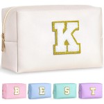 TOPEAST Initial Cosmetic Bag, PU Leather Waterproof Travel Toiletry Bag, Monogrammed Gifts for Women, Personalized Birthday Gift for Sister Friends, Cute Stuff for Girls (White K)