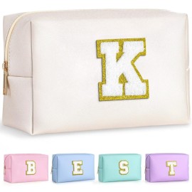 TOPEAST Initial Cosmetic Bag, PU Leather Waterproof Travel Toiletry Bag, Monogrammed Gifts for Women, Personalized Birthday Gift for Sister Friends, Cute Stuff for Girls (White K)