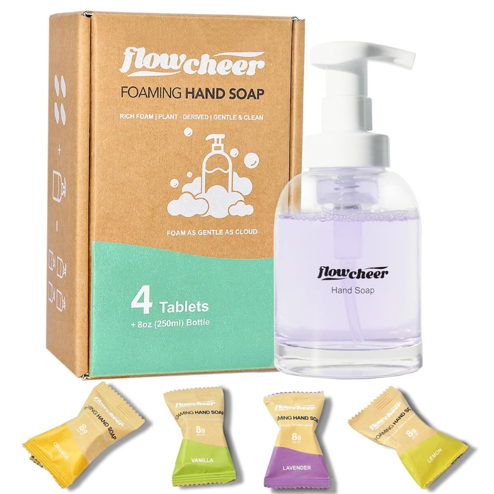 flowcheer Hand Soap Starter Set -1 Refillable CrystalClear Glass Foaming Hand Soap Dispenser + 4 Scented Soap Refill Tablets, 4 x 9 Fl oz,Soap Pump for Bathroom Kitchen Countertop