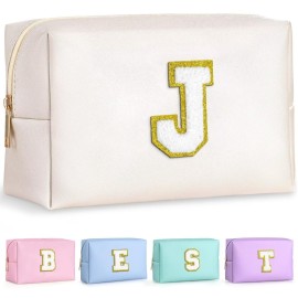 TOPEAST Birthday Gifts for Girls, Travel Makeup Bag Chenille Letter Pouch Cosmetic Bag, Makeup Travel Organizer, Monogrammed Bridesmaid Gifts for Women, Cute Stuff for Girls (White J)