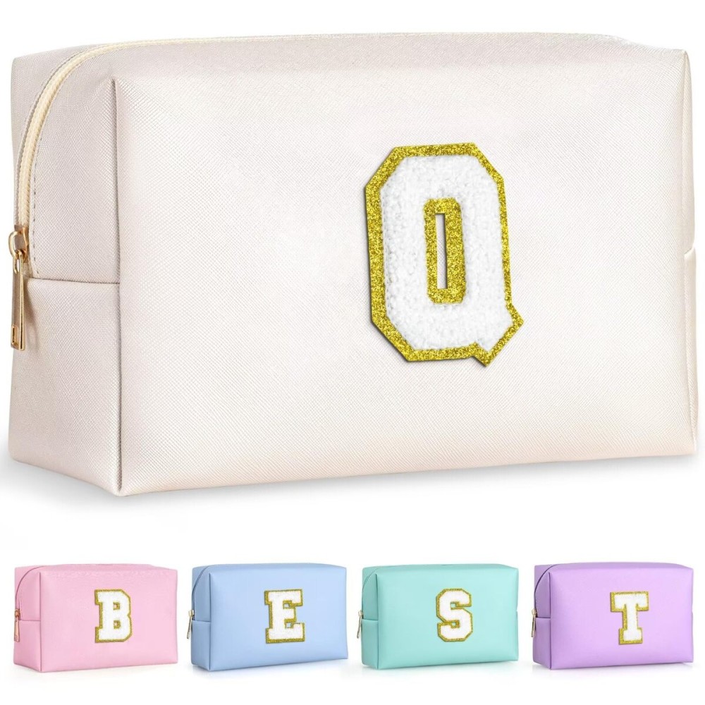 TOPEAST Initial Makeup Bag for Travel, Chenille Letter Pouch Cosmetic Bag, PU Leather Waterproof Toiletry Bag, Personalized Gifts for Bride Bridesmaids, Cute Things for Girls (White Q)