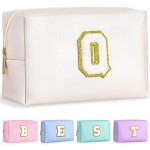 TOPEAST Initial Makeup Bag for Travel, Chenille Letter Pouch Cosmetic Bag, PU Leather Waterproof Toiletry Bag, Personalized Gifts for Bride Bridesmaids, Cute Things for Girls (White Q)