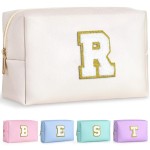 TOPEAST Cosmetic Travel Bags for Women, Preppy Small Makeup Bag, PU Leather Waterproof Toiletry Bag, Unique Friendship Gifts for Friends Coworker, Cute Stuff for Girls (White R)