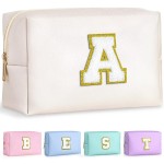 TOPEAST Preppy Small Makeup Bag, Chenille Letter Pouch Cosmetic Bag With Zipper, PU Leather Waterproof Toiletry Bag, Personalized Birthday Gift for Women, Cute Stuff for Girls (White D)