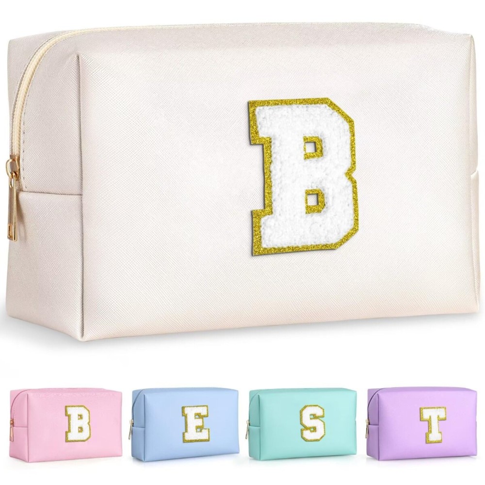 TOPEAST Preppy Patch Makeup Bag, Chenille Letter Pouch Cosmetic Bag, PU Leather Waterproof Toiletry Bag, Personalized Birthday Gift for Women Girl, Cute Stuff for Girls (White B)