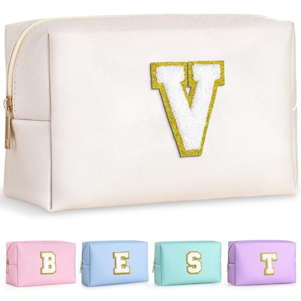 TOPEAST Initial Makeup Bags for Women, Personalized Portable Cosmetic Bag for Travel, Cute Makeup Pouch, PU Leather Waterproof Toiletry Bag, Preppy Things for Girl (White V)