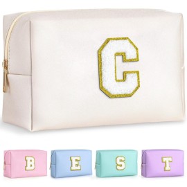 TOPEAST Gifts for Friends Female Mom, Cute Makeup Bag Small Pink Cosmetic Bag Travel Toiletry Bag, Personalized Birthday Gift for Women Girl, Preppy Travel Stuff for Girls (White C)