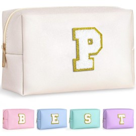 TOPEAST Personalized Makeup Bag, Chenille Letter Pouch Cosmetic Bag w Zipper, PU Leather Waterproof Toiletry Bag, Bridal Shower Gifts for Bridesmaids, Cute Stuff for Girls (White P)