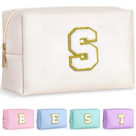 TOPEAST Initial Cosmetic Bag for Women, Preppy Small Makeup Bag, PU Leather Waterproof Toiletry Bag, Monogrammed Birthday Gifts for Women, Stuff for girls (White S)