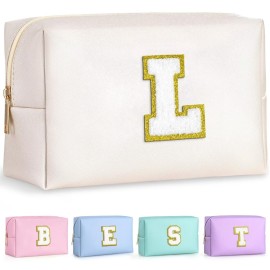 TOPEAST Personalized Birthday Gifts for Women, Preppy Patch Makeup Bag, Chenille Letter Pouch Cosmetic Bag, Travel Organizer, Gifts for Friends, Cute Stuff for Women (White L)