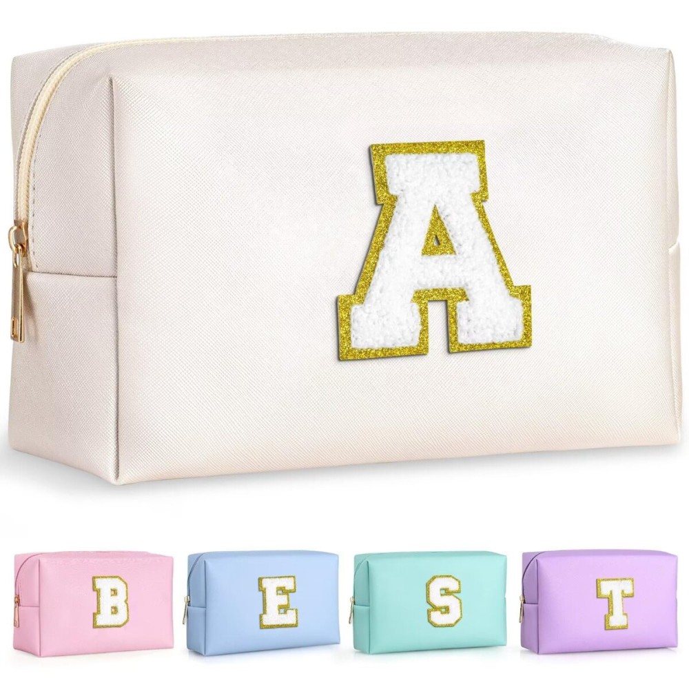 TOPEAST Preppy Stuff Cute Makeup Bag Small Cosmetic Bag Travel Toiletry Bag, Personalized Birthday Wedding Gifts for Mom Teacher Friends Bridesmaids, Preppy Travel Stuff for Girls (White N)