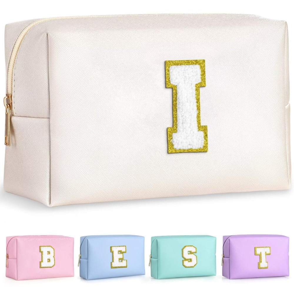TOPEAST Preppy Makeup Bag, Cute Makeup Pouch PU Leather Waterproof Cosmetic Bag, Personalized Birthday Gifts for Mom Teacher Friends Bridesmaids Nurse, Trendy Stuff for Girls (White I)