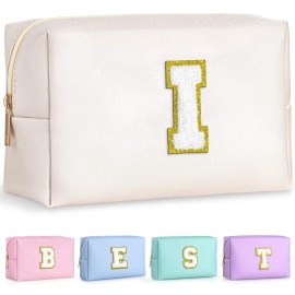 TOPEAST Preppy Makeup Bag, Cute Makeup Pouch PU Leather Waterproof Cosmetic Bag, Personalized Birthday Gifts for Mom Teacher Friends Bridesmaids Nurse, Trendy Stuff for Girls (White I)