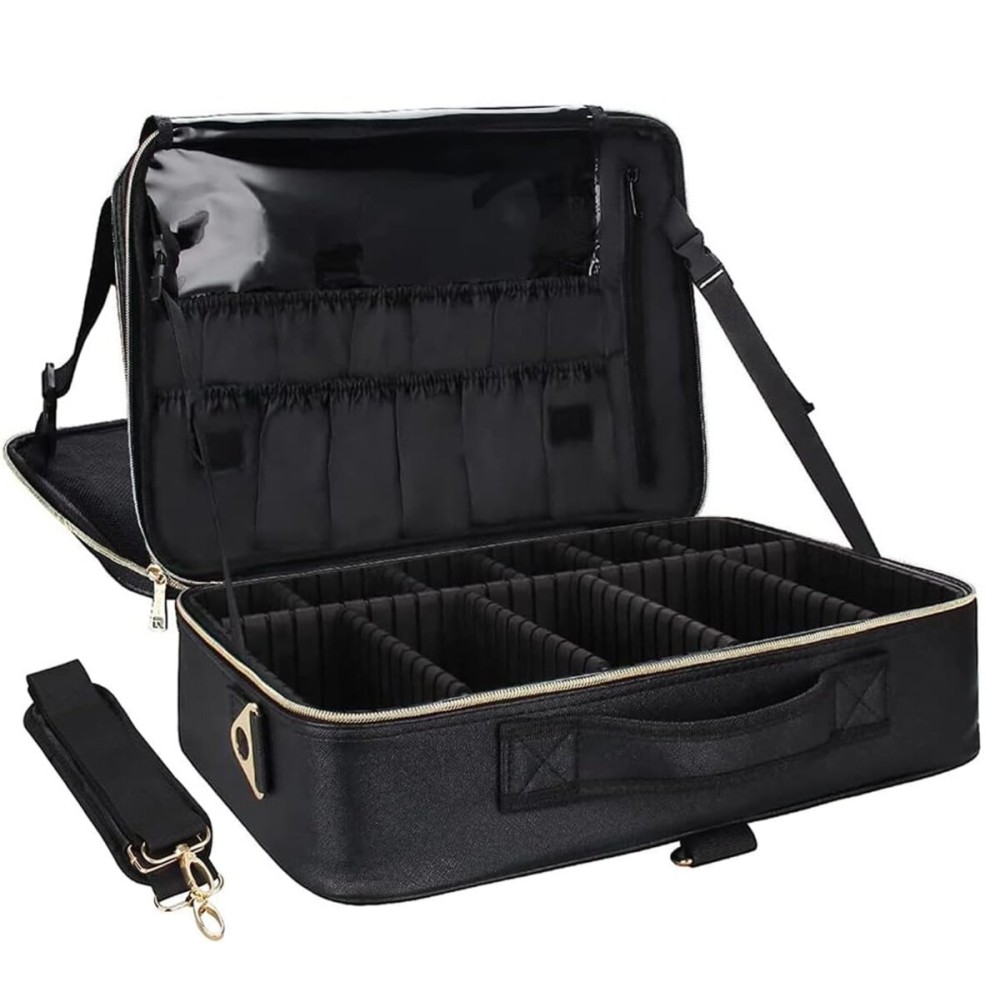 Relavel Makeup Case Large Makeup Bag Professional Train Case 16.5 inches Travel Cosmetic Organizer Brush Holder Waterproof Makeup Artist Storage Box, Large Capacity (Leather Black)