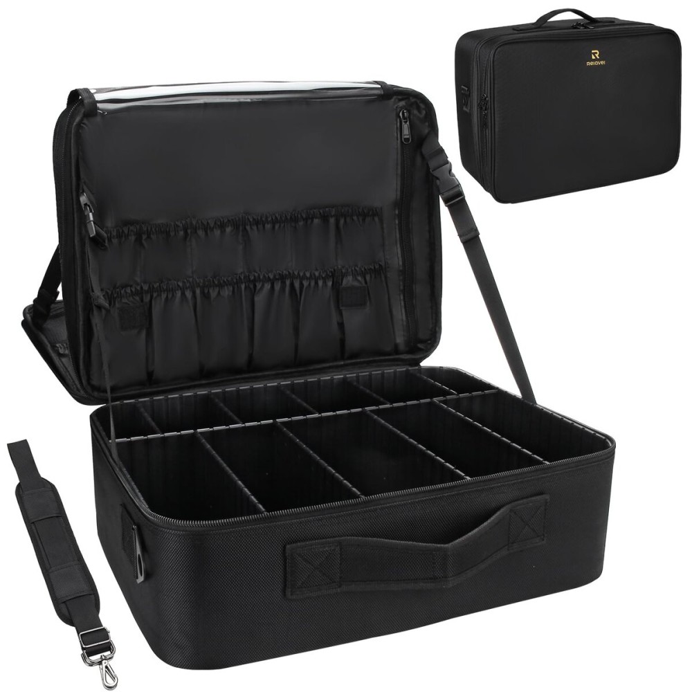Relavel Large Makeup Organizer Profession Makeup Bag Extra Large Makeup Case with Adjustable Dividers, Adjustable Angle Fixed Belt and Shoulder Strap Plastic Dividers