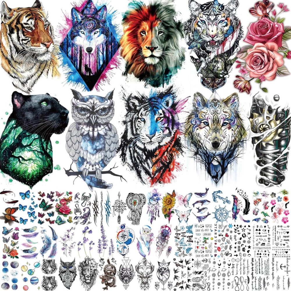 Bilizar 56 Sheets Watercolor Owl Tiger Lion Temporary Tattoos For Women Men Body Art Arm Thigh, 3D Long Lasting Realistic Fake Tattoo Sleeve Stickers For Adults, Wolf Fox Leopard Bulk Temp Tatoos Kids