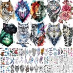 Bilizar 56 Sheets Watercolor Owl Tiger Lion Temporary Tattoos For Women Men Body Art Arm Thigh, 3D Long Lasting Realistic Fake Tattoo Sleeve Stickers For Adults, Wolf Fox Leopard Bulk Temp Tatoos Kids
