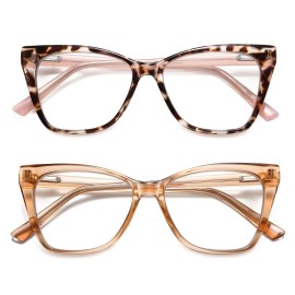 LKEYE Oversized Reading Glasses Women Cat Eye Computer Blue Light Blocking Reader Stylish Ladies Designer Fashion Large Unbreakable Eyewear 2pack Champagne Tortoise Pink LK6042 3.50+ Strength