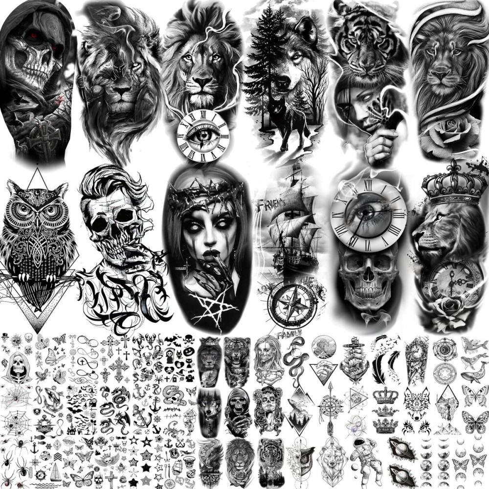 EGMBGM 59 Sheets 3D Black Halloween Temporary Tattoos For Men Women Kids, Long Lasting Temp Fake Sleeeve Tattoos For Adults, Large Realistic Skull Skeleton Owl Wolf Lion Tiger Ship Tatoo Sticker Arm