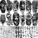 EGMBGM 59 Sheets 3D Black Halloween Temporary Tattoos For Men Women Kids, Long Lasting Temp Fake Sleeeve Tattoos For Adults, Large Realistic Skull Skeleton Owl Wolf Lion Tiger Ship Tatoo Sticker Arm