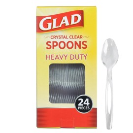 Glad Clear Plastic Spoons - Dishwasher Safe Clear Disposable Heavy Duty Utensils - Perfect for Everyday Use - Standard Size Reusable Cutlery Set - Disposable Serving Spoons Pack of 24