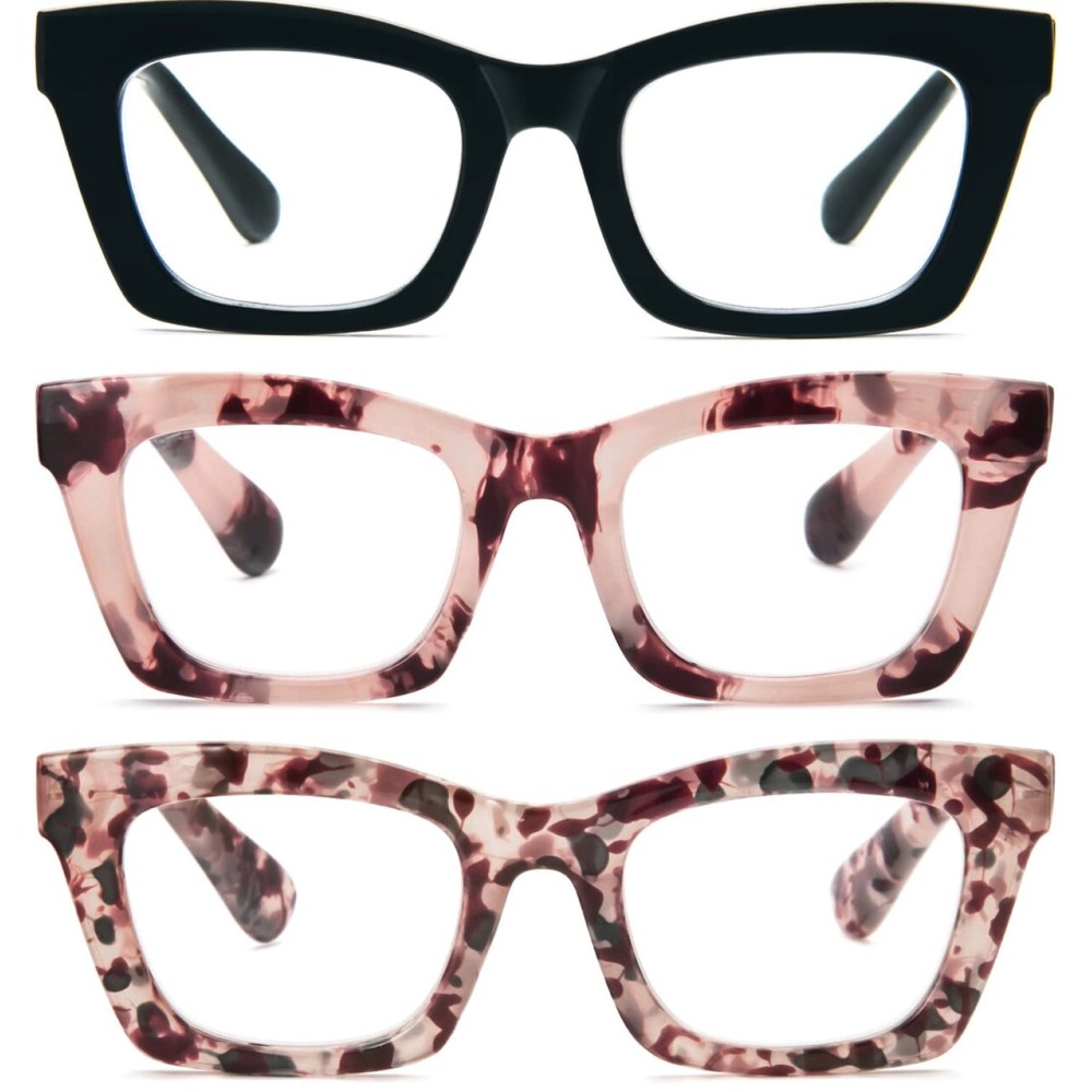 REAVEE 3 Pack Oprah Style Reading Glasses for Women Blue Light Blocking Computer Square Readers with Spring Hinge 2.75