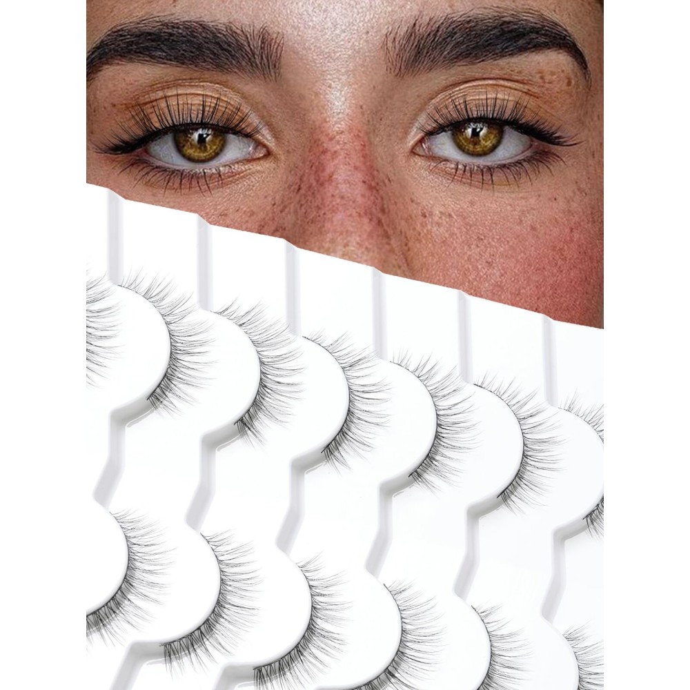 Natural Lashes Eyelashes Wispy 10MM Short Lashes Thin Band Strip Lashes 3D Volume Lashes False Eyelashes C Curl Soft Lash Pack 7 Pair Siligli