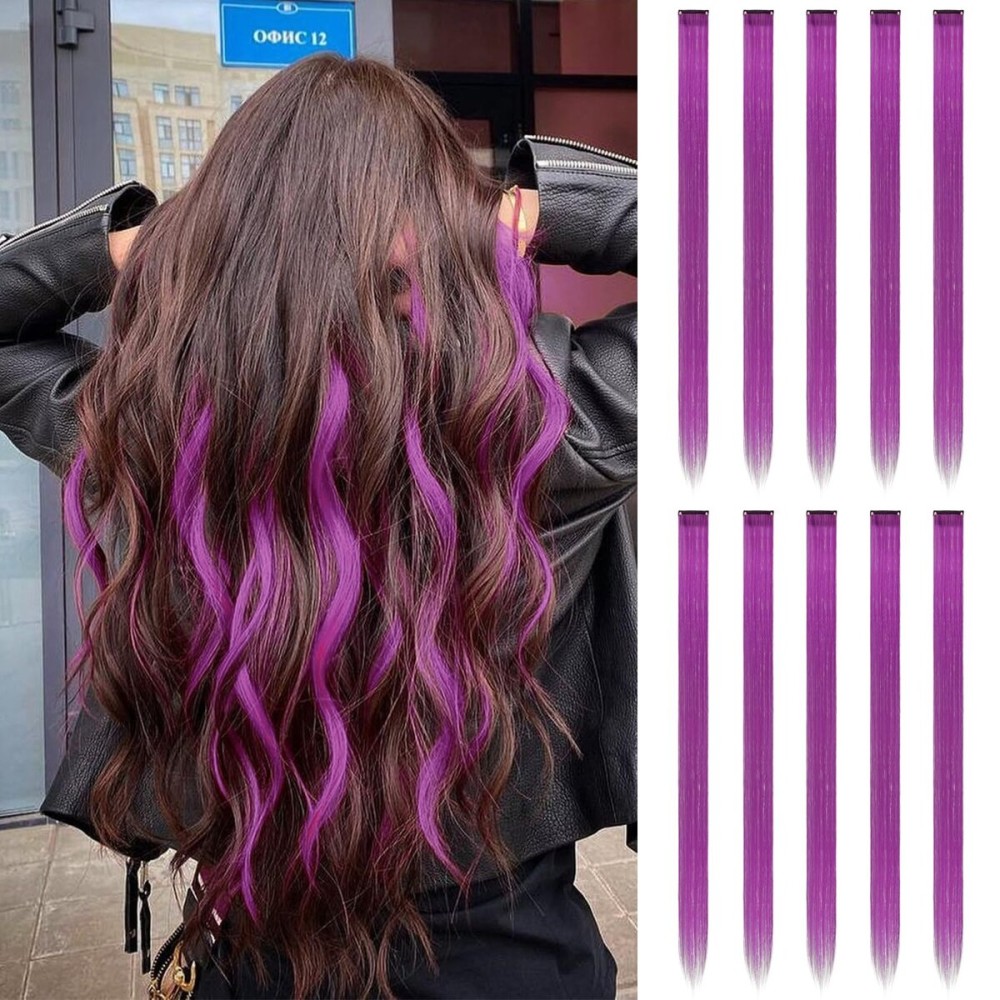 FESHFEN Colored Clip in Hair Extensions - 10 PCS Grape Purple Highlighted Hair Piece Straight Synthetic Clip in Hairpieces for Women 22 inch