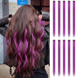 FESHFEN Colored Clip in Hair Extensions - 10 PCS Grape Purple Highlighted Hair Piece Straight Synthetic Clip in Hairpieces for Women 22 inch