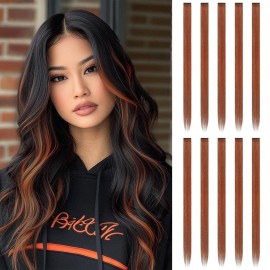 FESHFEN Colored Clip in Hair Extensions - 10 PCS Copper Highlighted Hair Piece Straight Synthetic Clip in Hairpieces for Women 22 inch