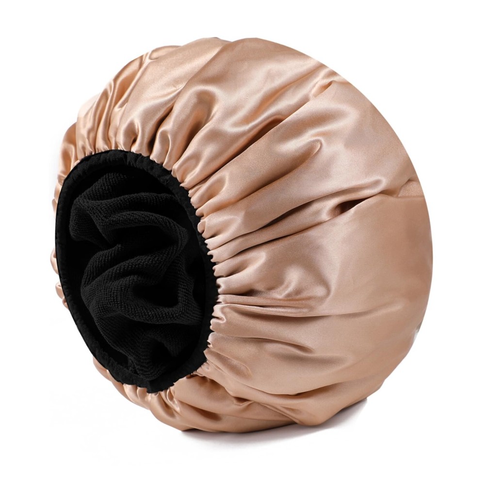 YIZIJIZI Triple Layer Reusable Waterproof Shower Cap for Women Large Terry Lined Hair Cap for Long Thick Hair Travel Bath Care khaki