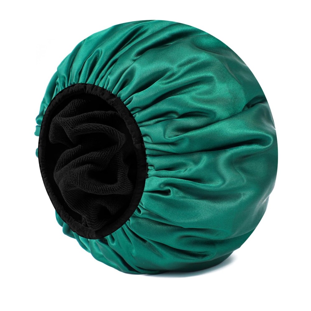 YIZIJIZI Triple Layer Reusable Waterproof Shower Cap for Women Large Terry Lined Hair Cap for Long Thick Hair Travel Bath Care Blackish Green