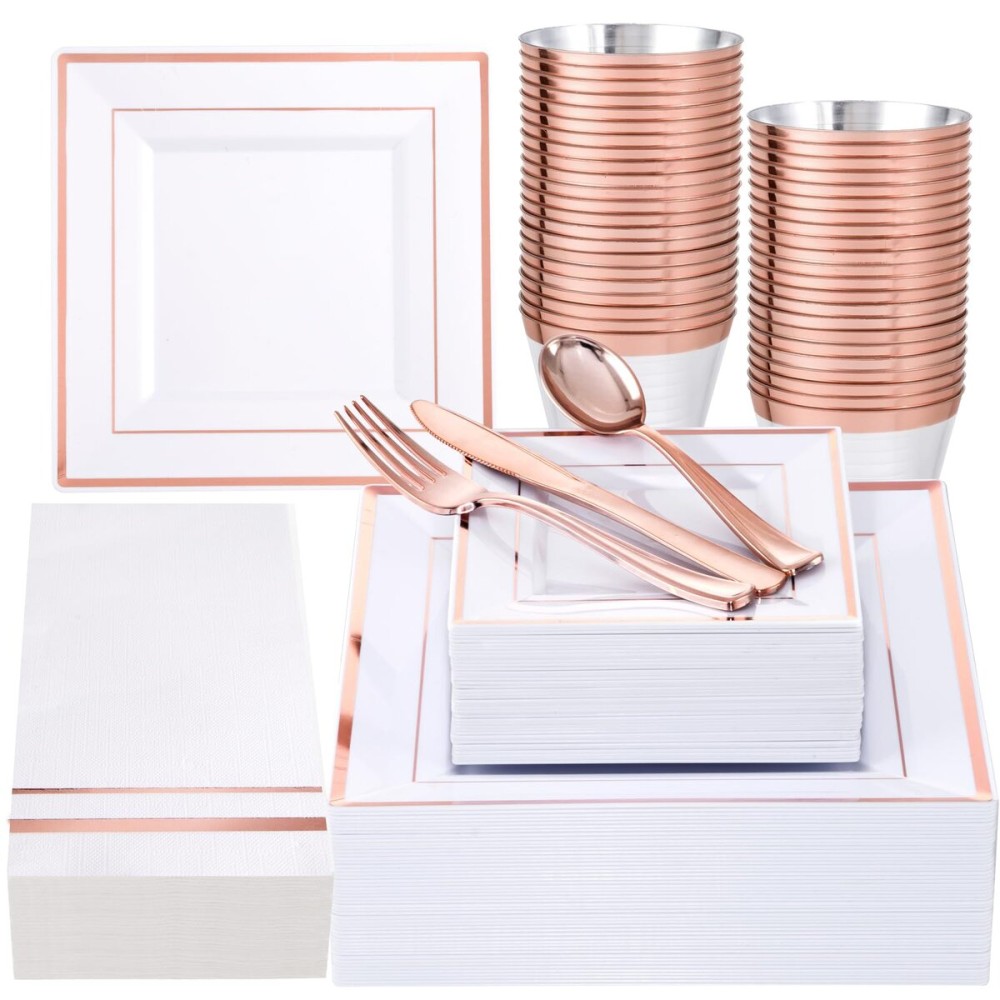 Festiva 350Pcs Rose Gold Plates and Napkins Party Supplies-Square White and Rose Gold Disposable Dinnerware include Plates Cups Cutlery Napkins for 50 Guests Wedding &Christmas Party&Mother\'s Day