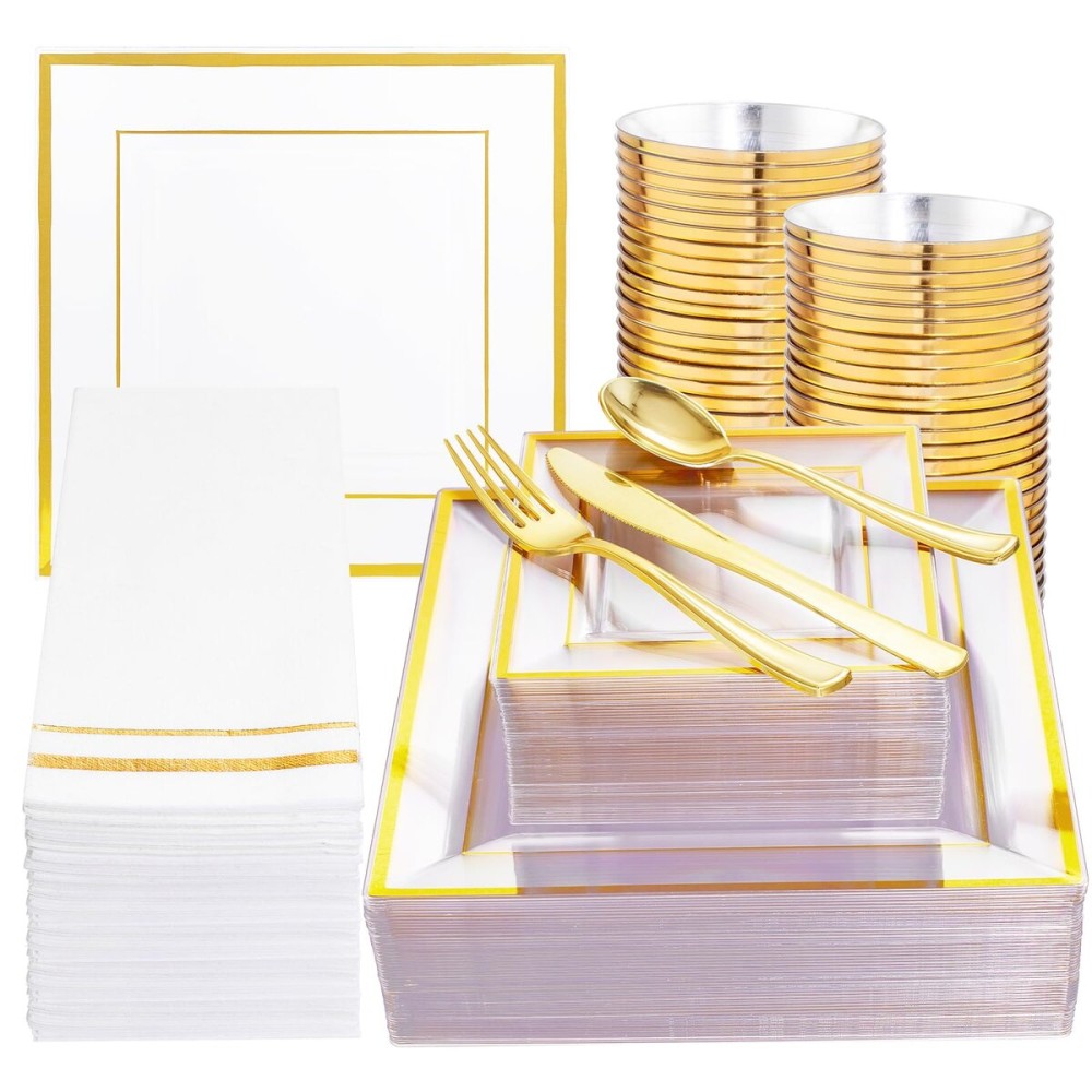 Festiva 350Pcs Clear Plastic Plates with Gold rim - Clear Gold Disposable Dinnerware for 50 Guests includeSquare Plastic Plates/Cups/Cutlery/Napkins Perfect for New Year Party&Wedding &Xmas