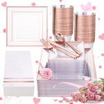 Festiva 350Pcs Rose Gold Plastic Plates - Clear Rose Gold Disposable Dinnerware Sets for 50Guests include 100 Plates 50 Cups 50Plastic Cutlery 50Napkins for Party&Wedding& Valentine\'s Day